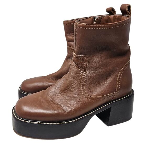 Topshop 38 Brown Leather Chunky Boot Whimsygoth Grunge Boho Platform Y2K Style - Picture 1 of 7